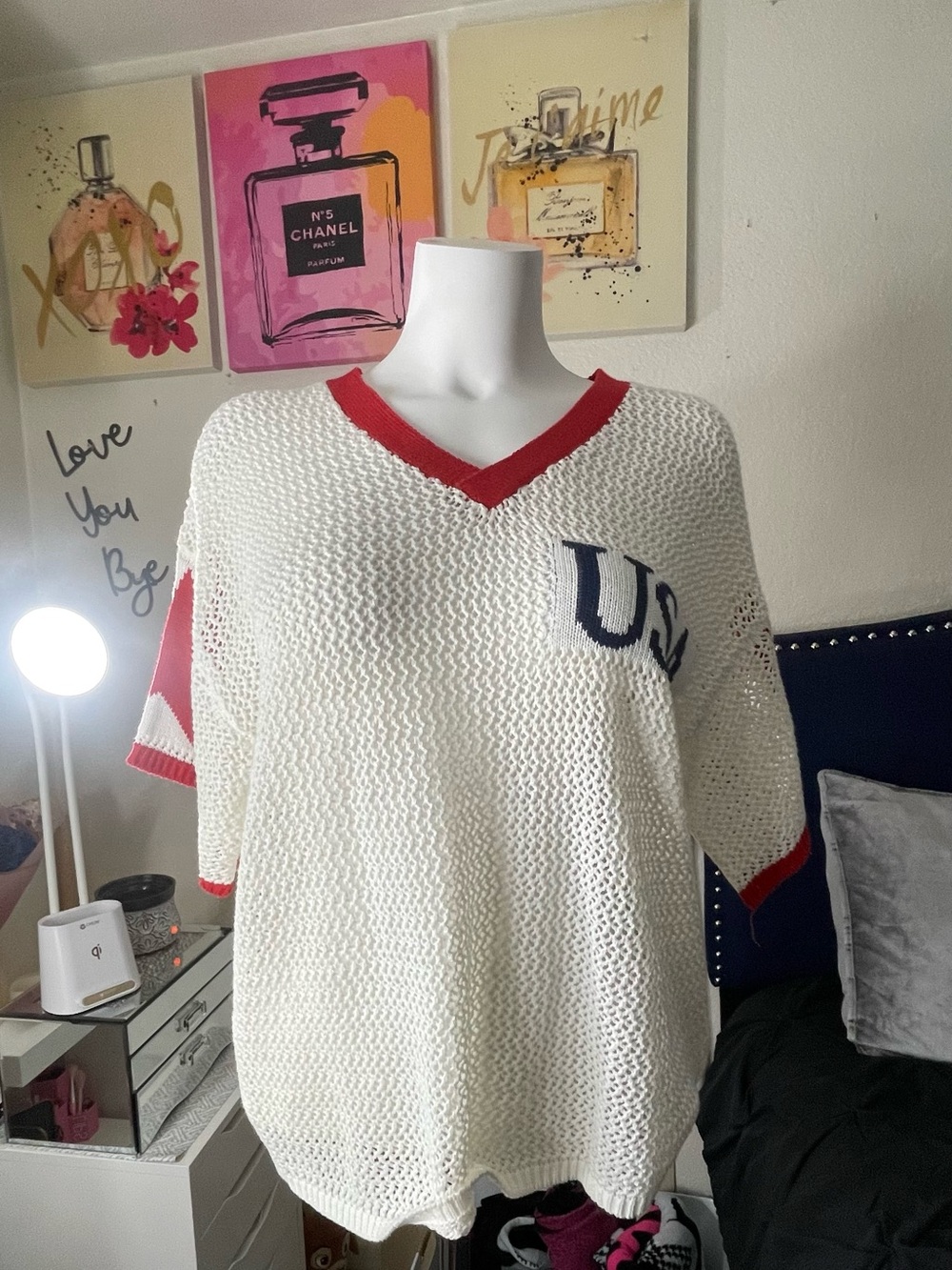 USA V-Neck Open Knit Sweater with Red Trim